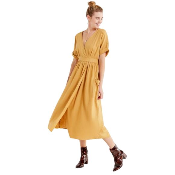 Urban Outfitters Gabriella Linen Blend Midi Wrap Dress M Mustard Gold Slouchy - Picture 2 of 11